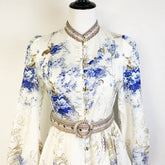 Shot In Stock 2025 Spring Summer New Printed Single-Breasted Exquisite Flower Button Short A-Line Dress + Belt